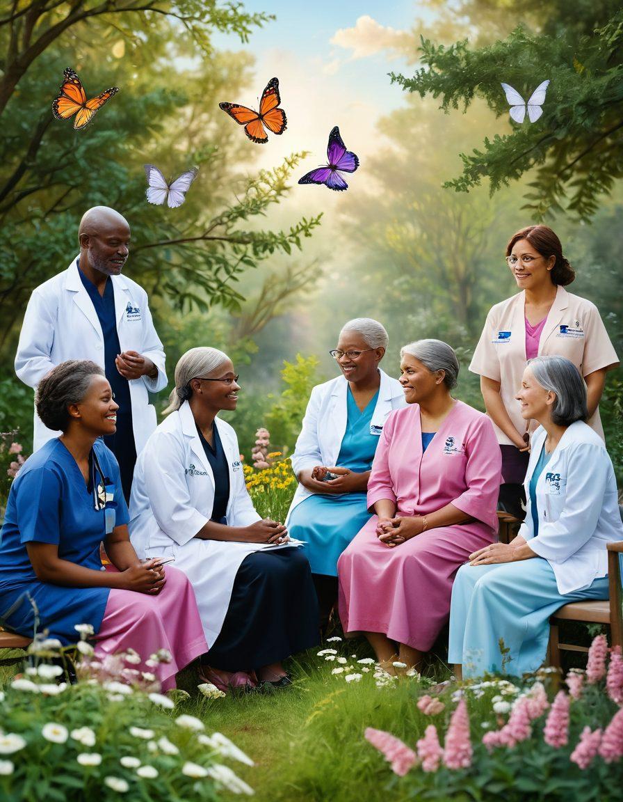 A diverse group of patients and healthcare professionals engaged in a compassionate discussion, surrounded by symbols of hope like butterflies and blooming flowers, exemplifying empowerment and support in oncology. The background features a serene nature scene, blending healing and tranquility. The color palette is warm and uplifting, illustrating a journey of resilience and care. super-realistic. vibrant colors. soft focus.