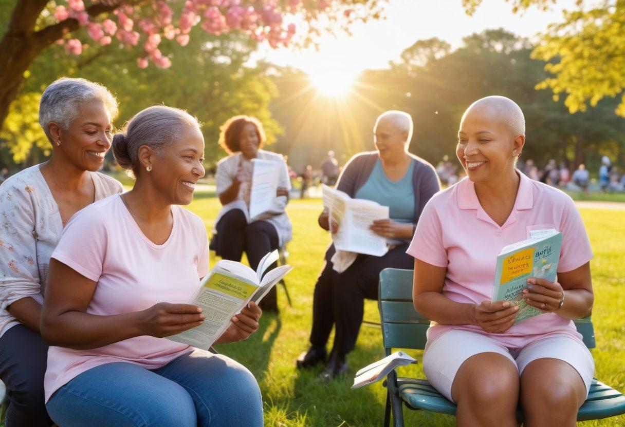 A hopeful scene illustrating a diverse group of cancer survivors gathered in a sunlit park, sharing experiences and laughter. They hold pamphlets and resource books about cancer care, symbolizing support and knowledge. In the background, a gentle sunrise represents new beginnings and optimism. Bright flowers bloom around them, reflecting resilience and growth. super-realistic. vibrant colors. uplifting atmosphere.
