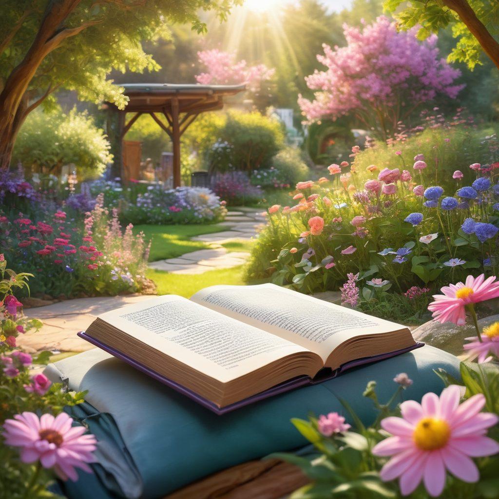 A serene landscape featuring a blooming garden symbolizing holistic healing, with diverse people engaging in supportive interactions. Include an open book representing education and knowledge about oncology, and vibrant elements showing nature's connection to wellness. Soft sunlight illuminating the scene for a warm, inviting atmosphere. digital painting. vibrant colors. uplifting themes.